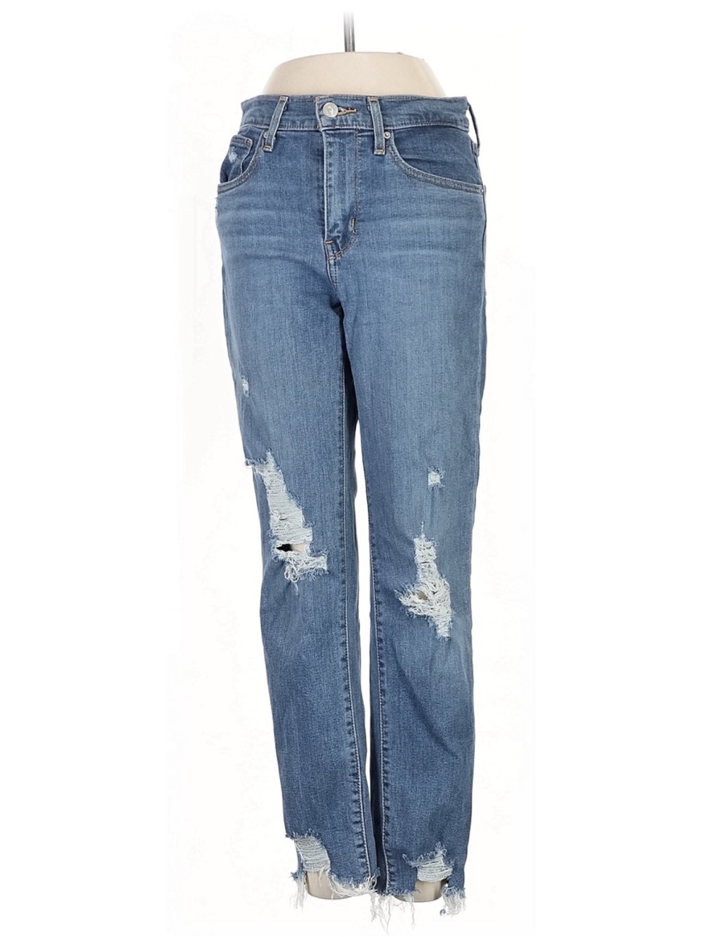 Levi’s 724 High Rise Straight Jeans 27 Distressed Raw Hem Blue Denim
